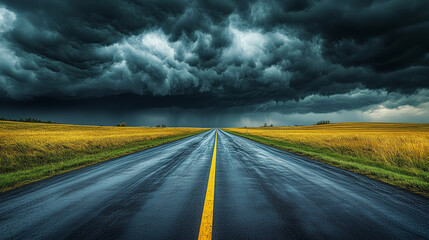 A long road leads towards a menacing storm front, the dark clouds contrasting against the golden fields and clear road ahead © nayemur