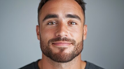 Fototapeta premium Close up portrait of a man with freckles and a short beard, smiling gently against a gray background. Natural lighting highlights his features.