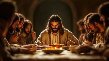 Jesus Christ at Last Supper with 12 Disciples