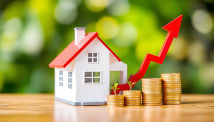 House Model with Coins and Upward Arrow - Real Estate Growth, Property Investment, Housing Market, Financial Success, Home Value Increase, Economic Trends