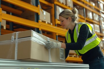 A woman in a safety vest is working in a warehouse, checking a box. She is wearing gloves and she is focused on her task