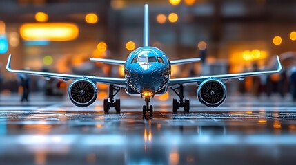 Airplane model airport tarmac night lights travel