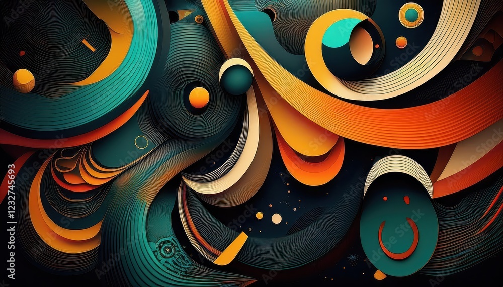 Poster striking dark backdrop highlighting intricate geometric patterns of abstract shapes, embracing a mys