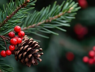 festive pine branch with pine cone and red berries