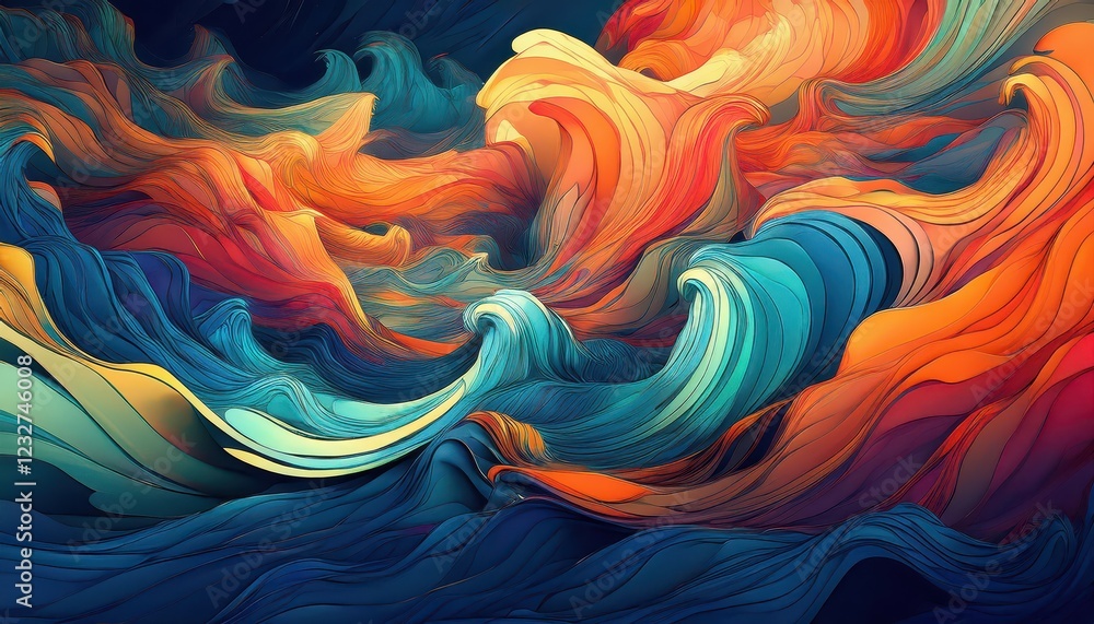 Poster stirring color wave storm a kaleidoscope of intense hues swirling over abstract waves, creating a tu