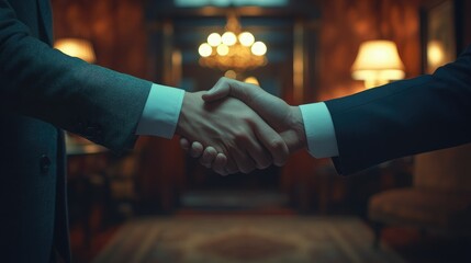Business partners shake hands in a luxurious lounge setting during a formal meeting at night