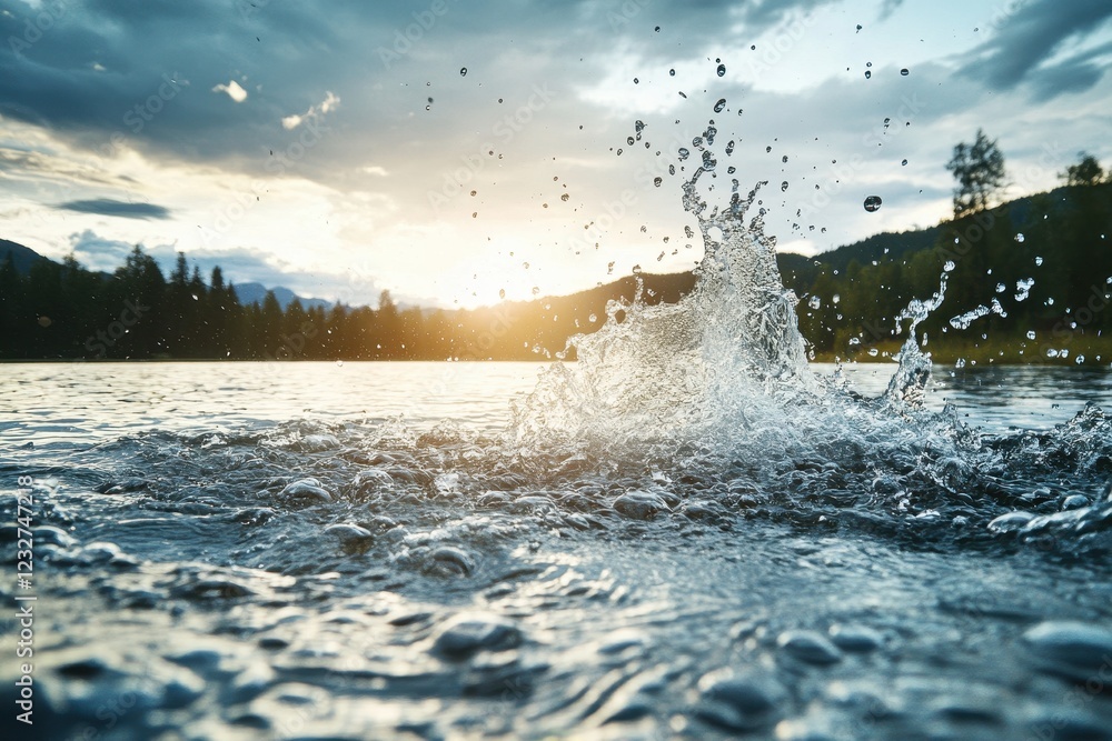 Aufkleber scenic view of lake with splashing water in foreground . water splashes dynamically in a serene lake