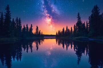 Colorful night sky reflecting on a tranquil lake
