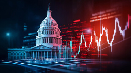 US Capitol building with stock market chart background symbolizes intersection of politics and finance, reflecting economic trends and governance