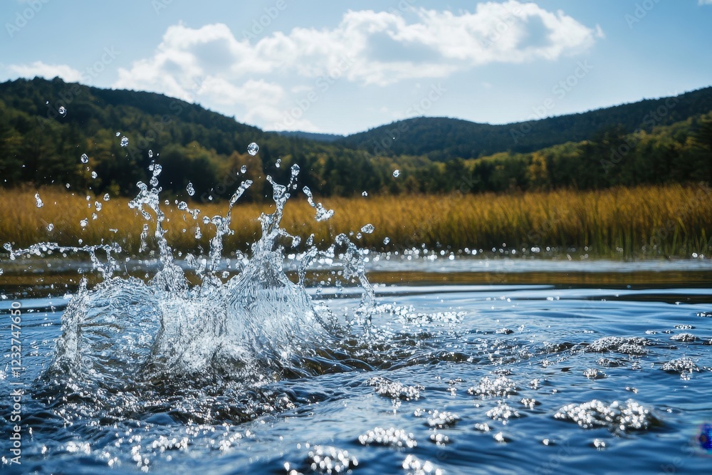 Aufkleber scenic view of lake with splashing water in foreground . water splashes dynamically in a serene lake