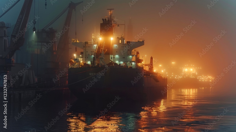 Poster a large cargo ship is docked in a harbor shrouded in fog during nighttime. warm lights from the ship