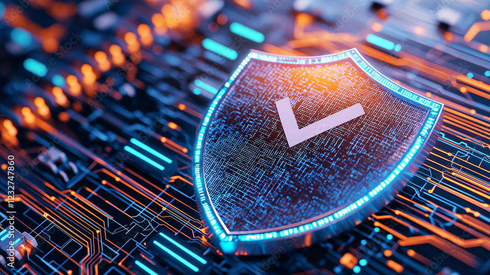 Poster shield with checkmark icon symbolizes security and protection in digital environment, surrounded by 