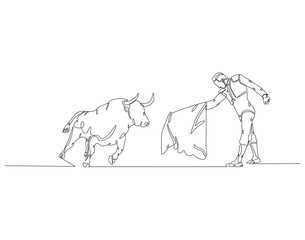 Continuous line drawing of spanish matador. Single line illustration of Bullfighter, Torero, Bull. International matador concept. Editable outline