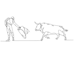 Continuous line drawing of spanish matador. Single line illustration of Bullfighter, Torero, Bull. International matador concept. Editable outline