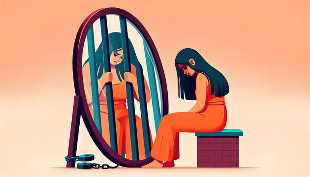 Teenage girl suffering from body image issues looking at her reflection trapped behind bars in a mirror