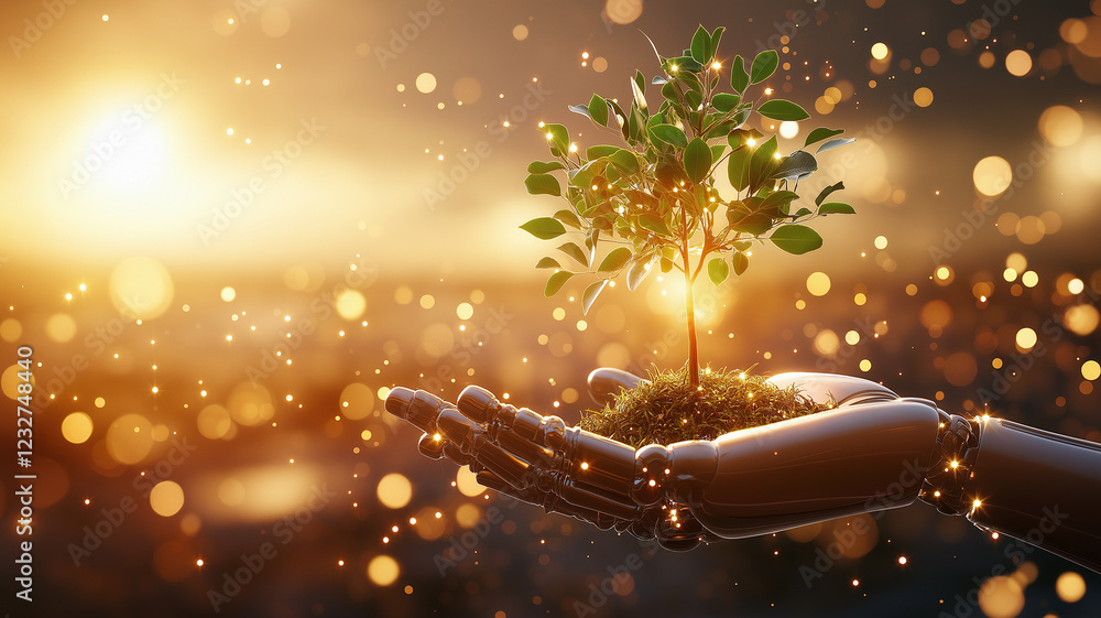 Poster robotic hand gently holds small tree, symbolizing harmony between technology and nature. warm sunlig
