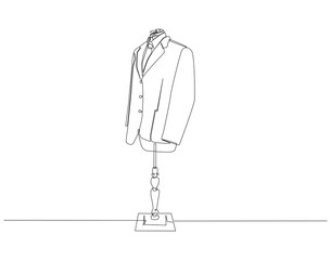 Continuous line drawing of suite on shop mannequin. Single line illustration of formal suite on mannequin. Formal, Business, Clothing, International dress day concept. Editable outline