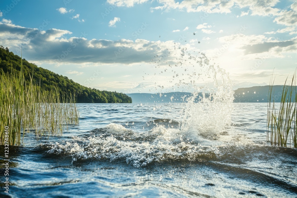 Aufkleber scenic view of lake with splashing water in foreground . water splashes dynamically in a serene lake