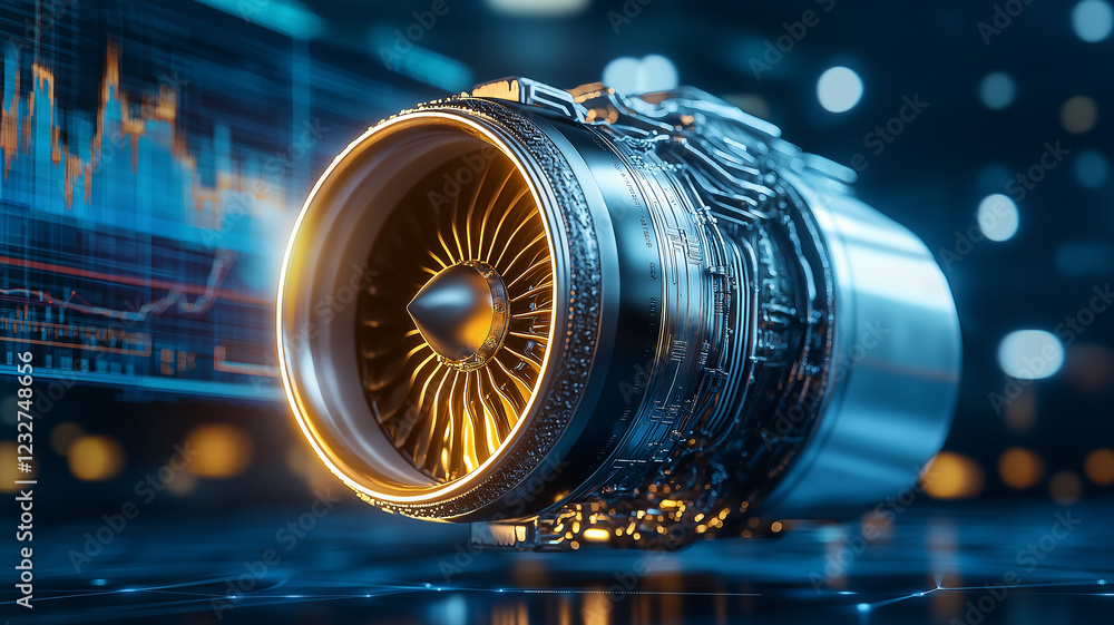 Poster detailed airplane engine with intricate designs and glowing elements, set against backdrop of busine