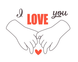 Line art hands of lovers holding each other. Love, romantic, relationship concept. Valentines Day greeting card. Vector doodle illustration, hand drawn design