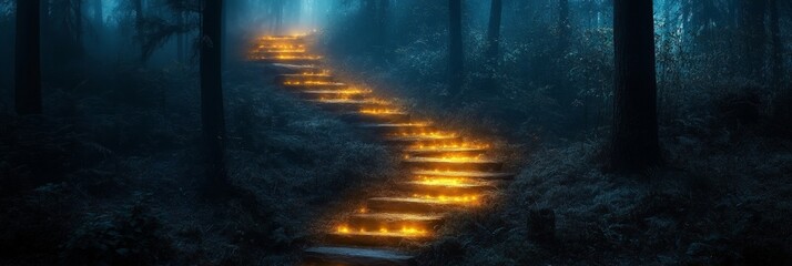 Naklejka premium Enchanting Misty Forest Path Illuminated by Glowing Light