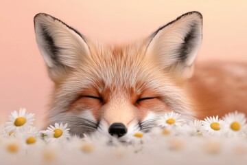 Fototapeta premium cute fox sleeping in a field of daisies