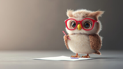 Fototapeta premium cute owl wearing red glasses holds pen, ready to write on piece of paper. fluffy creature exudes sense of curiosity and intelligence, making it engaging subject