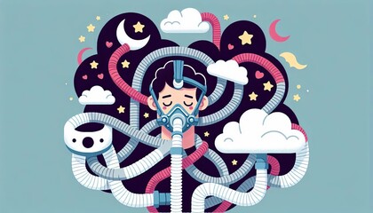 Man sleeping with CPAP machine and tangled tubes, dreaming of clouds and stars