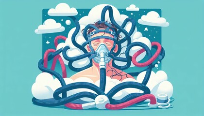 Man sleeping with CPAP machine and tangled tubes, suffering from sleep apnea