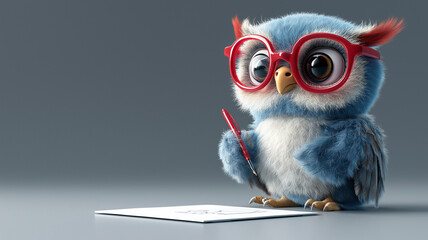 cute owl wearing red glasses is writing on white sheet of paper with pen. fluffy blue owl has curious expression, making scene playful and engaging