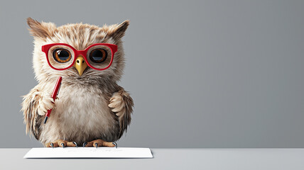 Fototapeta premium cute owl wearing red glasses is writing on white sheet of paper, showcasing playful and intelligent expression. This whimsical scene captures charm of scholarly bird