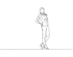 Continuous line drawing of woman pose standing. Single line illustration of lady standing. Beautiful, Female, International women's day concept. Editable outline