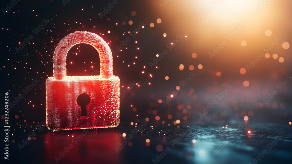 Poster digital security concept featuring glowing red padlock surrounded by sparkling particles, symbolizin