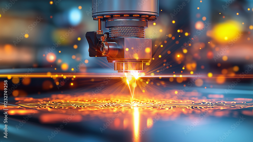Poster glowing laser engraving machine creates intricate designs on surface, showcasing precision and advan