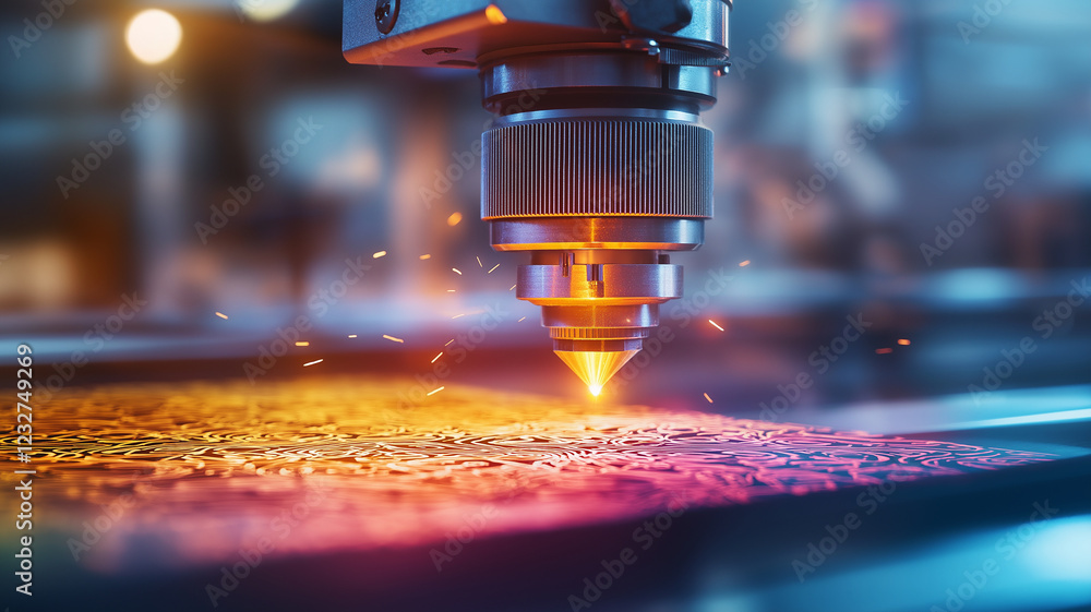 Poster laser engraving machine creating intricate designs on surface, emitting bright sparks and glowing li
