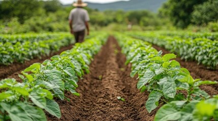 Farmer tending to green potato plants in a vibrant agricultural field during daytime in a rural location
