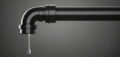 A black pipe with a drip of water, set against a dark background, illustrating plumbing and water flow concepts.