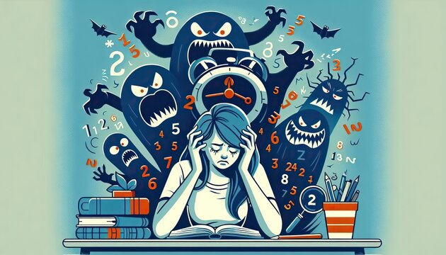 Sleep deprived student having a nightmare with numbers forming monsters at dawn