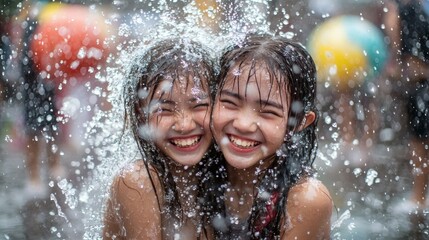 Obraz premium young couple taking selfies during Songkran festival with wet faces and joyful smiles refreshing and fun celebration in the city background of street performers and festival lights Stock Photo with