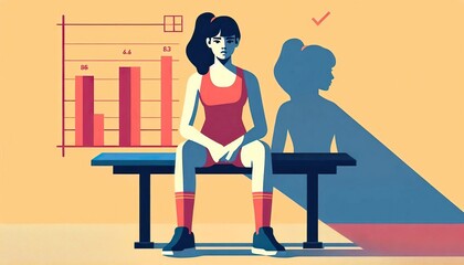 Young athlete sitting on bench with self doubt shadow forming statistics chart
