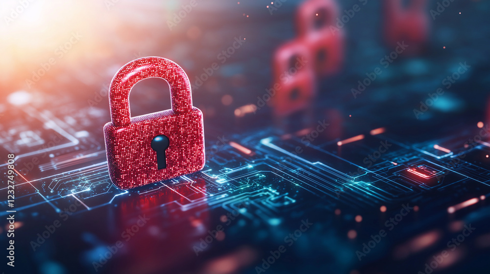 Poster vibrant red padlock icon symbolizes security on digital background filled with glowing circuits and 