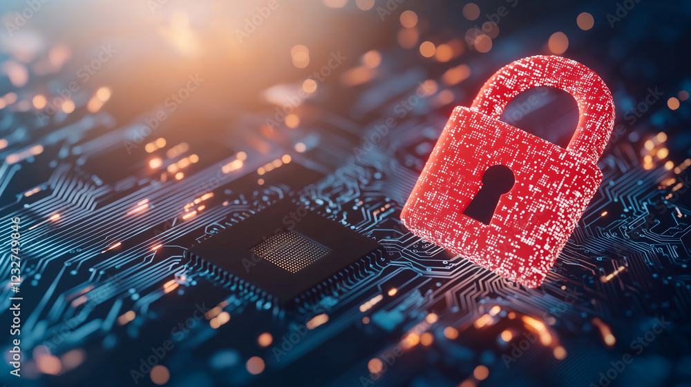 Poster digital padlock icon symbolizes data security on circuit board, representing protection and technolo