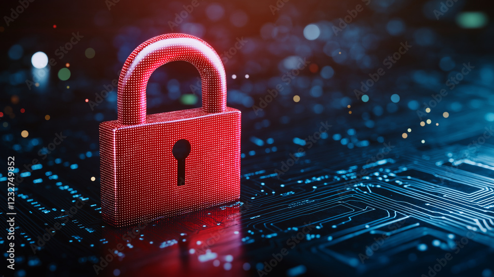 Aufkleber red padlock icon symbolizes digital security on circuit board background, representing data protecti