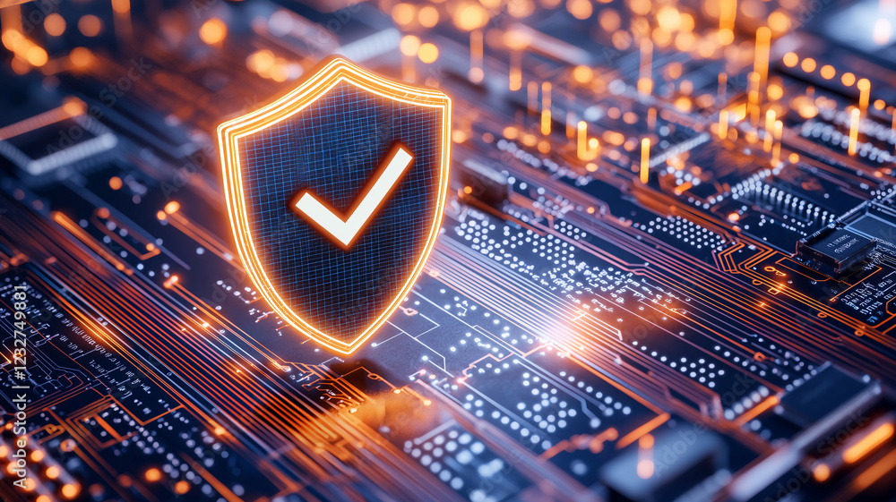 Poster shield symbol with checkmark is prominently displayed on digital circuit board background, represent