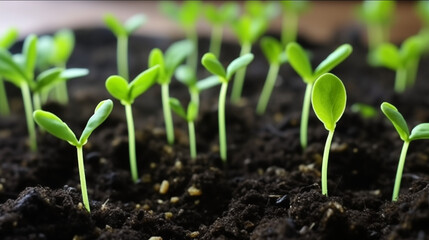 close-up small green seedlings sprouting soil macro high-resolution detailed intricate sharp focus