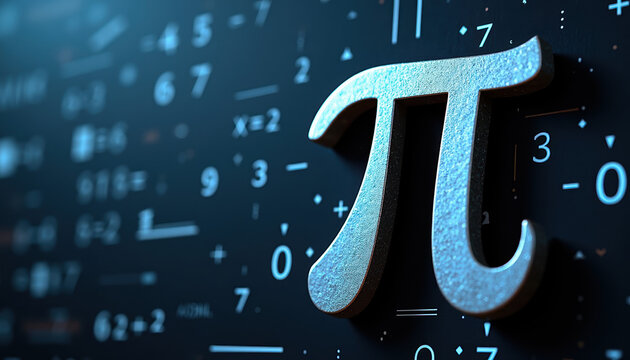 Modern banner with a shining silver Pi symbol contrasted against a dark backdrop, celebrating the International Day of Mathematics with stylish and engaging design elements. - Powered by Adobe