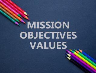 Mission objectives values symbol. Concept words Mission Objectives Values on beautiful grey paper....
