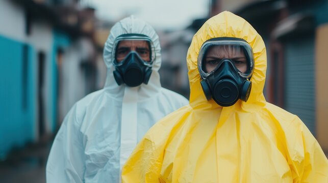 Chronic pollution harms air quality and public health. Two people in protective suits and masks standing outdoors in a urban area.