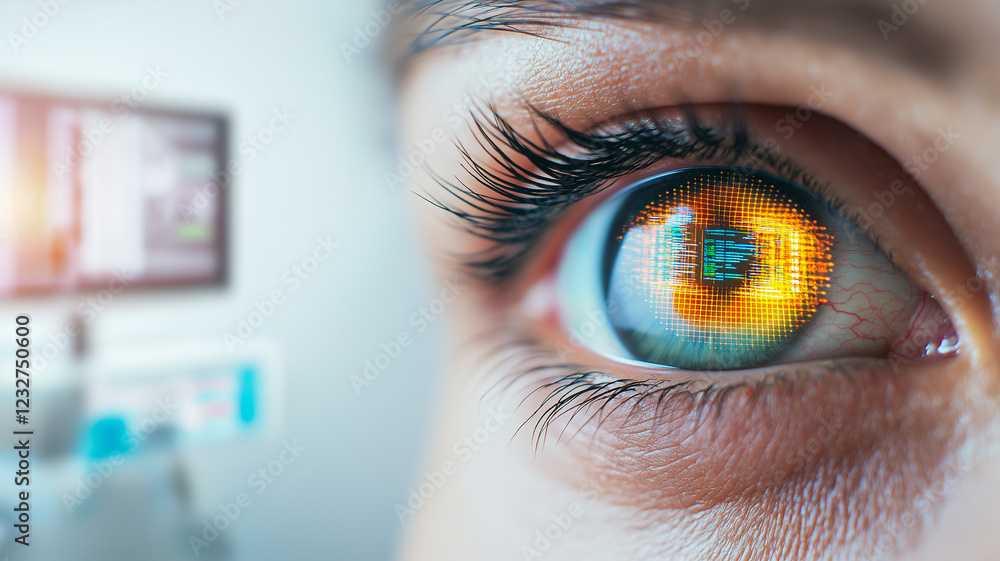 Poster close up of eye with digital display reflected in iris, showcasing technology and innovation. intric