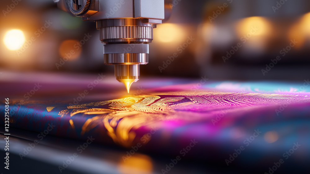 Poster close up of laser etching machine in action, creating intricate designs on vibrant surface. warm glo